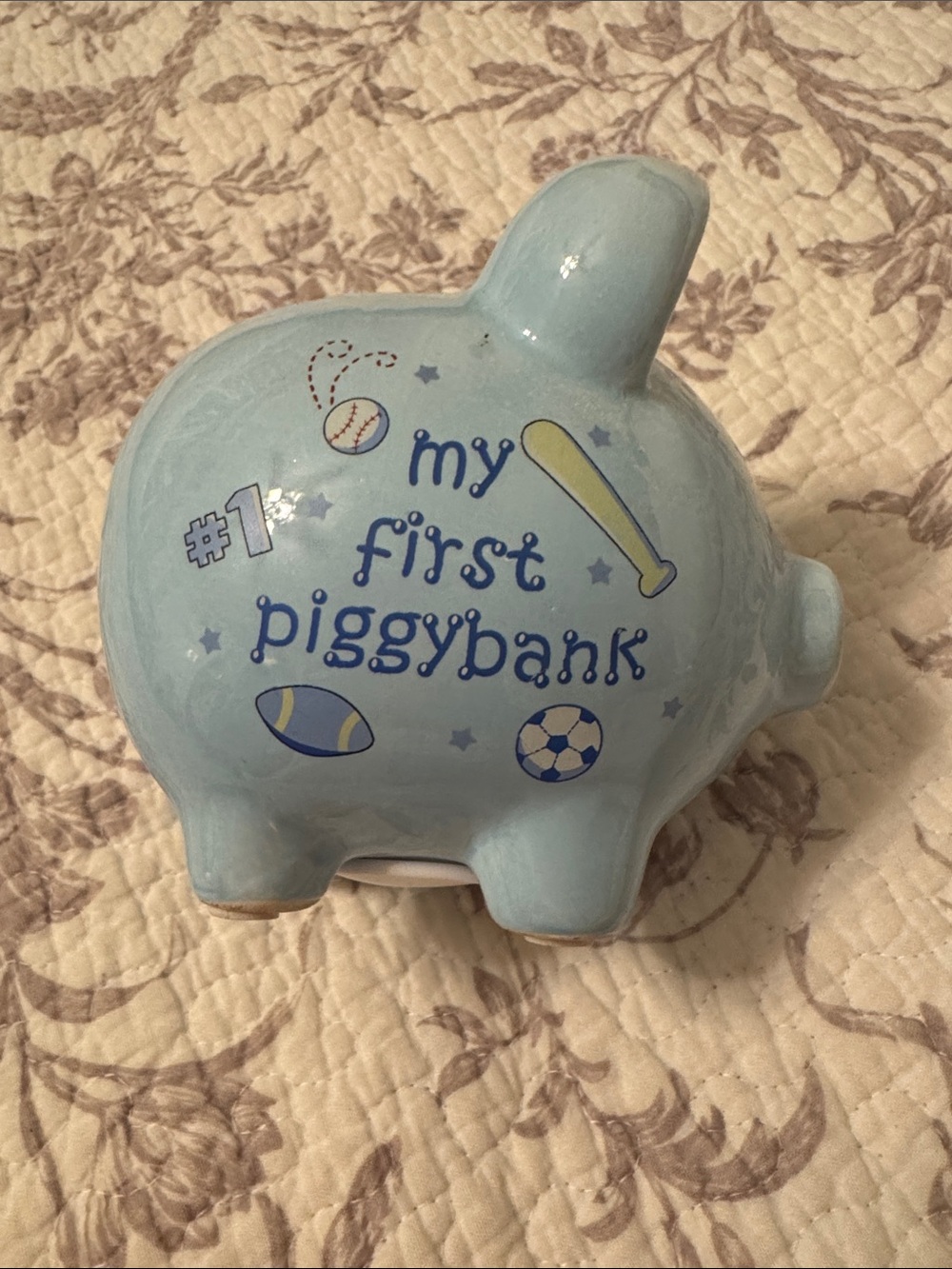 Bon Bebe Light Blue 'My First Piggybank' Ceramic Bank with Sports Motifs